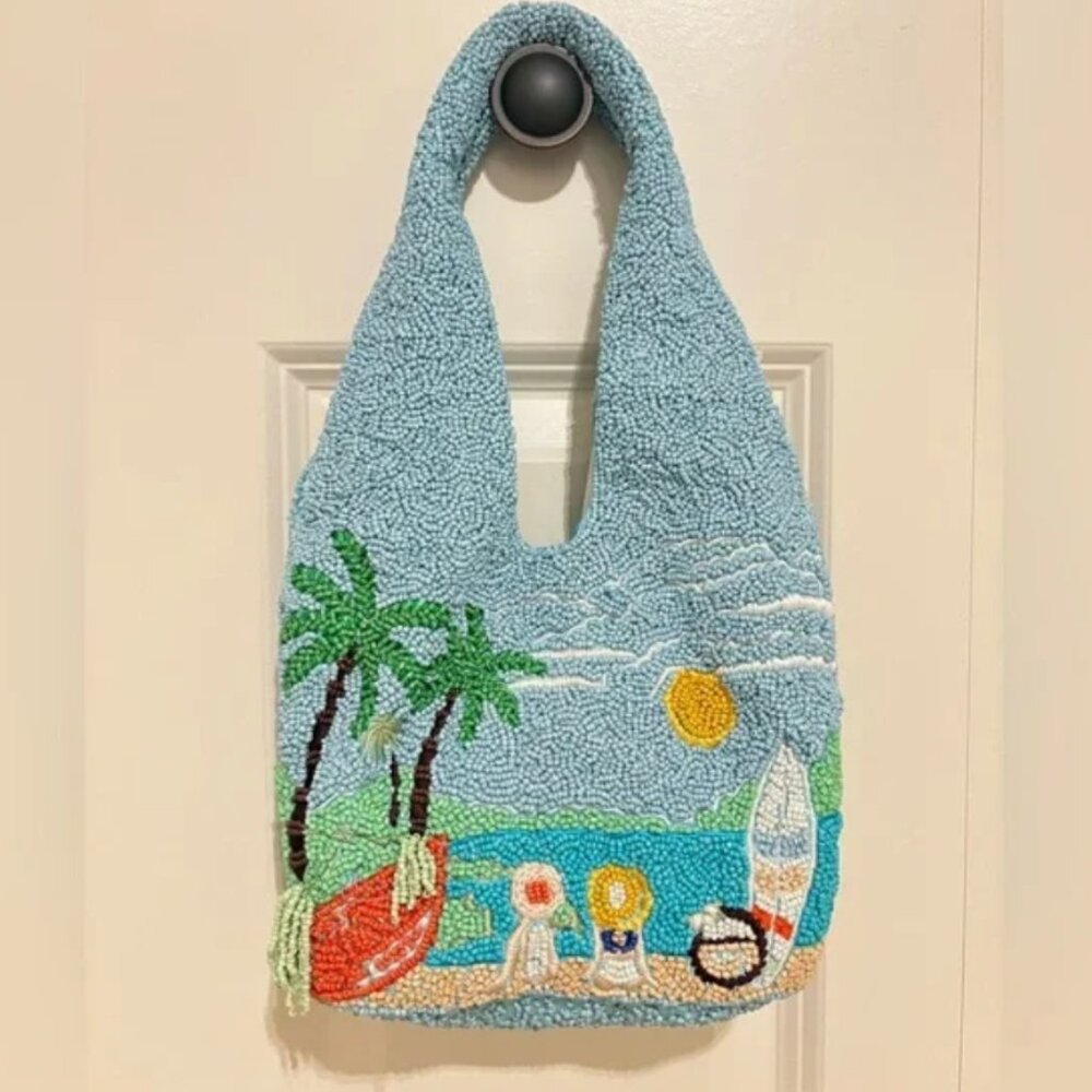 Viral Tik Tok Beaded Handbag Made in India Tropicsl Beach Scene Surf Sun Palms